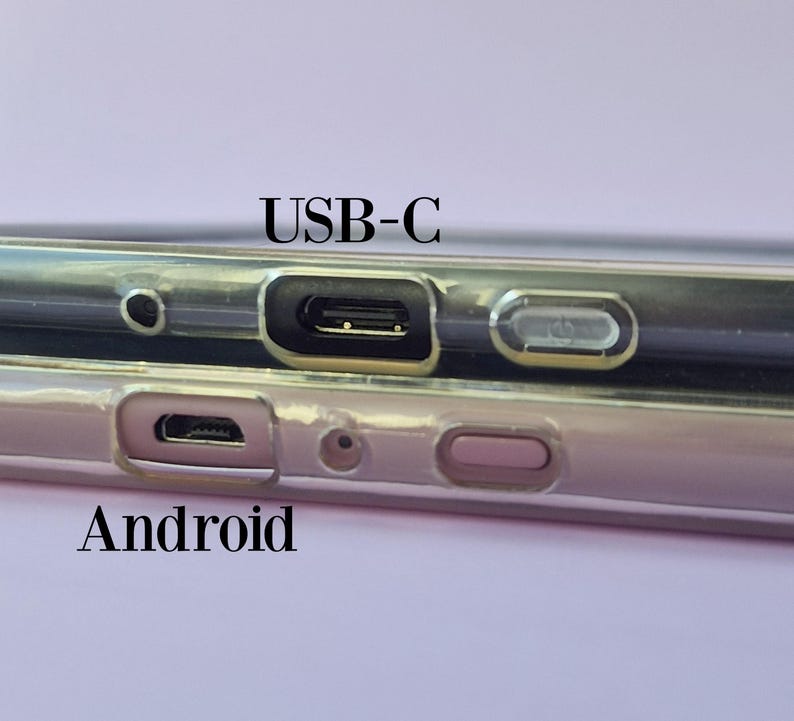 May include: Close-up of two phone cases, one above the other, with different charging ports. The top case has a USB-C port, and the bottom case has an Android port. The text "USB-C" and "Android" are visible.