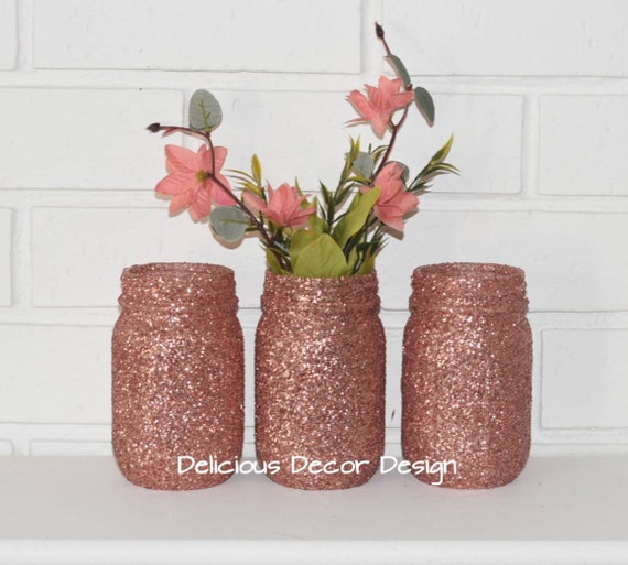3 Rose gold Mason Jars,Wedding Table Decor, Vases For Centerpieces, Baby Showers,Bridal Showers,Rose Gold Decorations,Glitter Jar Vases.