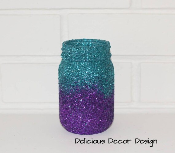 3 Teal Blue And Purple Embre Glitter Mason Jars Wedding Table Etsy
