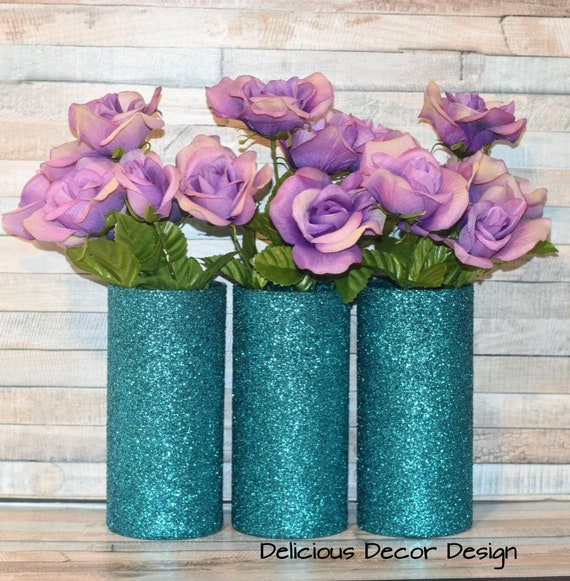 Teal Blue Cylinder Vasesturquoise Vasesglitter Vaseswedding Etsy