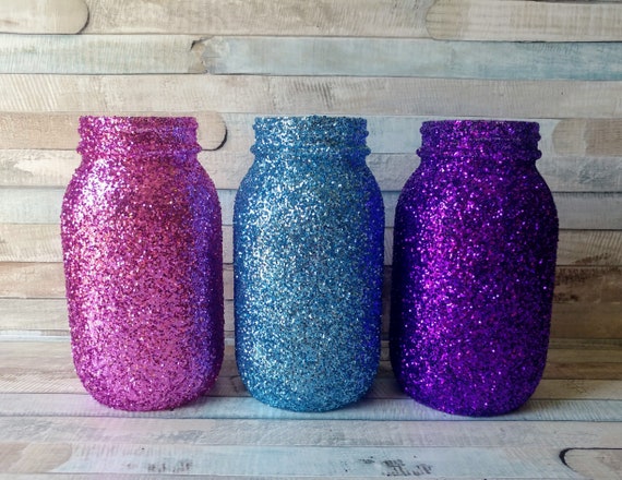 Frozen Mason Jars Glitter Mason Jars Birthday Decor Girls Room Decor Frozen Centerpieces Frozen Party Decor Birthday Decoration Set Of 3