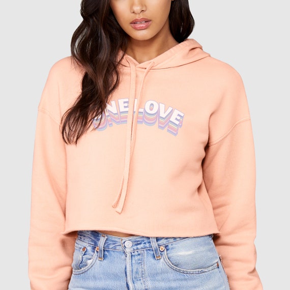 One Love Hoodie Cropped, Peach, Pink, Rainbow, Pastel, Long Sleeve, Fleece,  Soft, Sweatshirt, Sweater, Trendy 