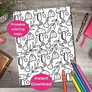 Página para colorear imprimible digital de hongos mágicos, hoja para colorear imprimible de artes y manualidades para adultos y niños, decoración de pared bruja