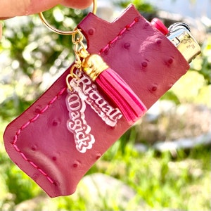 Magick Ritual Lighter Case - Personalized Pink Ostrich Leather Keychain - Custom Mystical Witchy Lighter Holder with Acrylic Charms