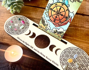 Tarot Card Holder - Moon phase oracle stand - Mystical Sacred Geometry Flower of life grid - Wooden Tealight candle decor