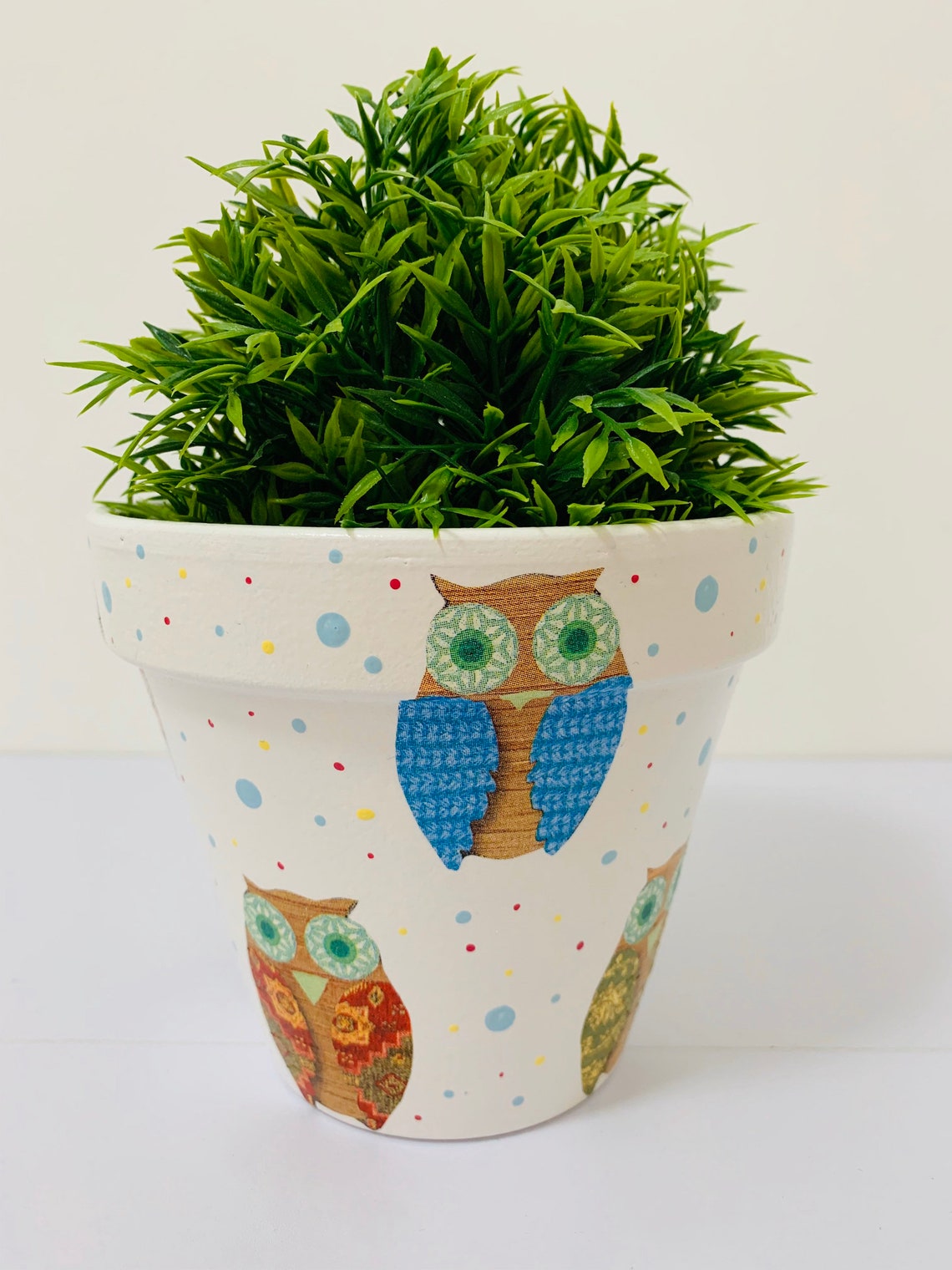 Decoupaged Terracotta Plant Pot Owl Design Home & Gift Ideas Etsy