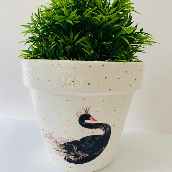 Decoupaged Terracotta Plant Pot, Black Swan Design, Home & Gift Ideas.