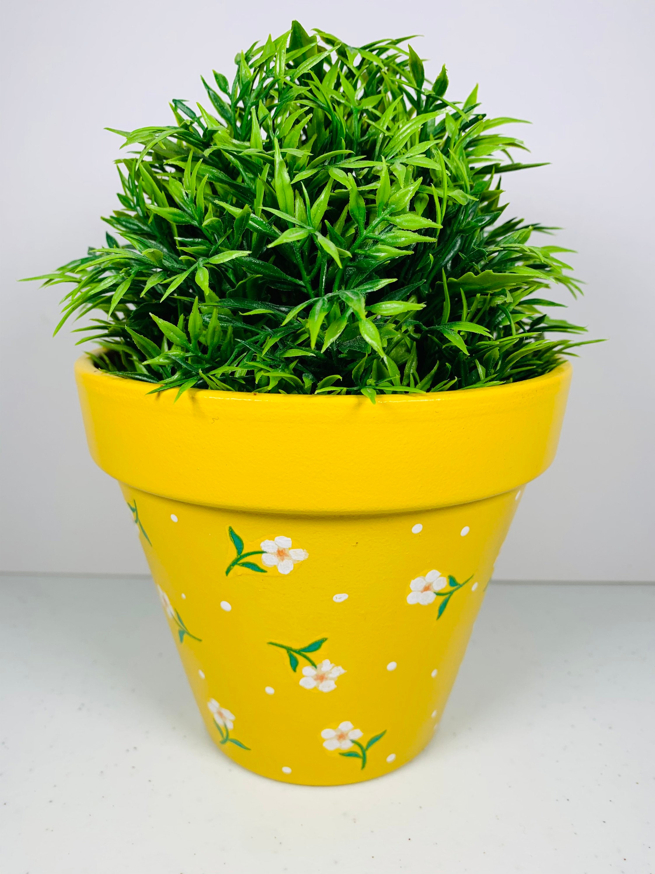Decoupaged Terracotta Plant Pot. Yellow Pot And Daisy Design Etsy