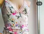 Women 39 s Elastic Silk Lace Top, White Cami with peonies and roses, Beautiful cotton pajamas with elastane, Handmade gift for her, Camisole