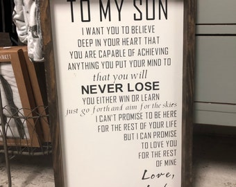 To my son sign, for my son sign love mom, love dad, love mom and dad, you will never lose, baseball quote, letter to son, gift to son