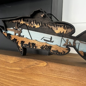 Arte de peces en madera de abedul en capas, decoración de pesca