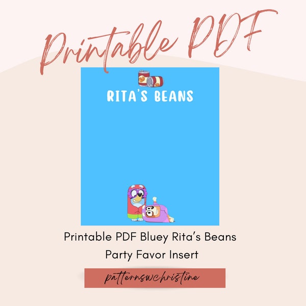 Rita's Beans Printable PDF Blue Dog Party Favor Birthday Celebration Goodie Bag Digital