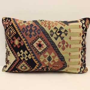 Fodera per cuscino fatta a mano, 16x24 in 40x60 cm, Cuscino da letto lombare marrone nero blu fiammeggiante, Vintage Kilim Cuscino Divano Tribal, 4kaf-433