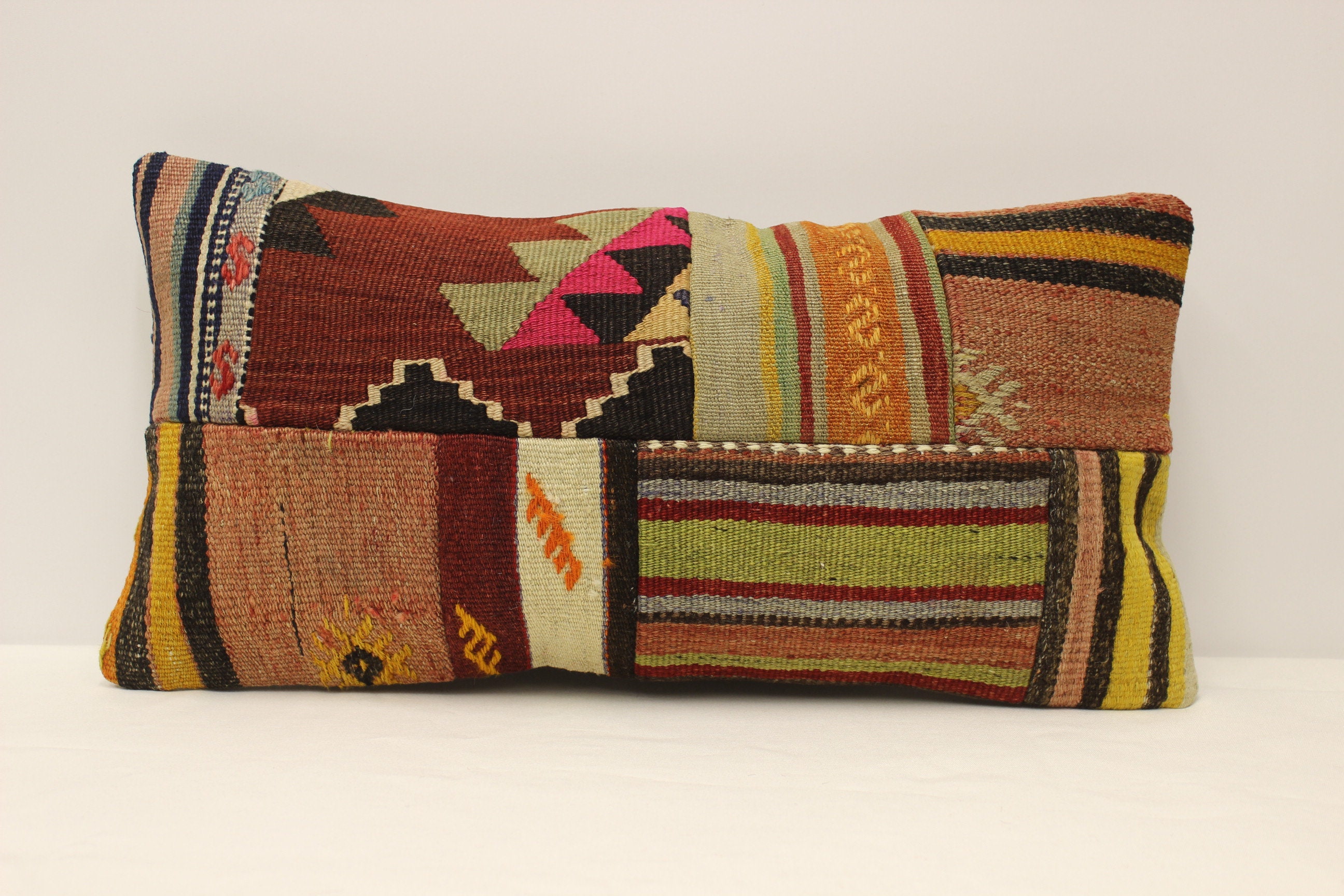 ボヘミアン ランバー パッチワーク ヴィンテージ ラグ ピロー、12 x 24