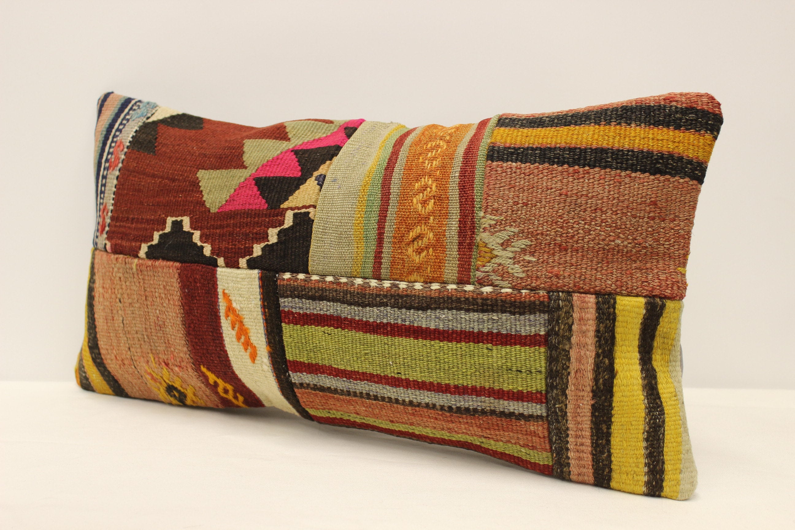 ボヘミアン ランバー パッチワーク ヴィンテージ ラグ ピロー、12 x 24