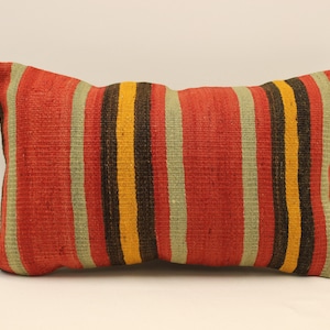 Fodera per cuscino fatta a mano, 12x20 in 30x50 cm, Rosso lombare, Cuscino Boho nero fiammante arancione, Cuscino Kilim vintage, 4oef-1510