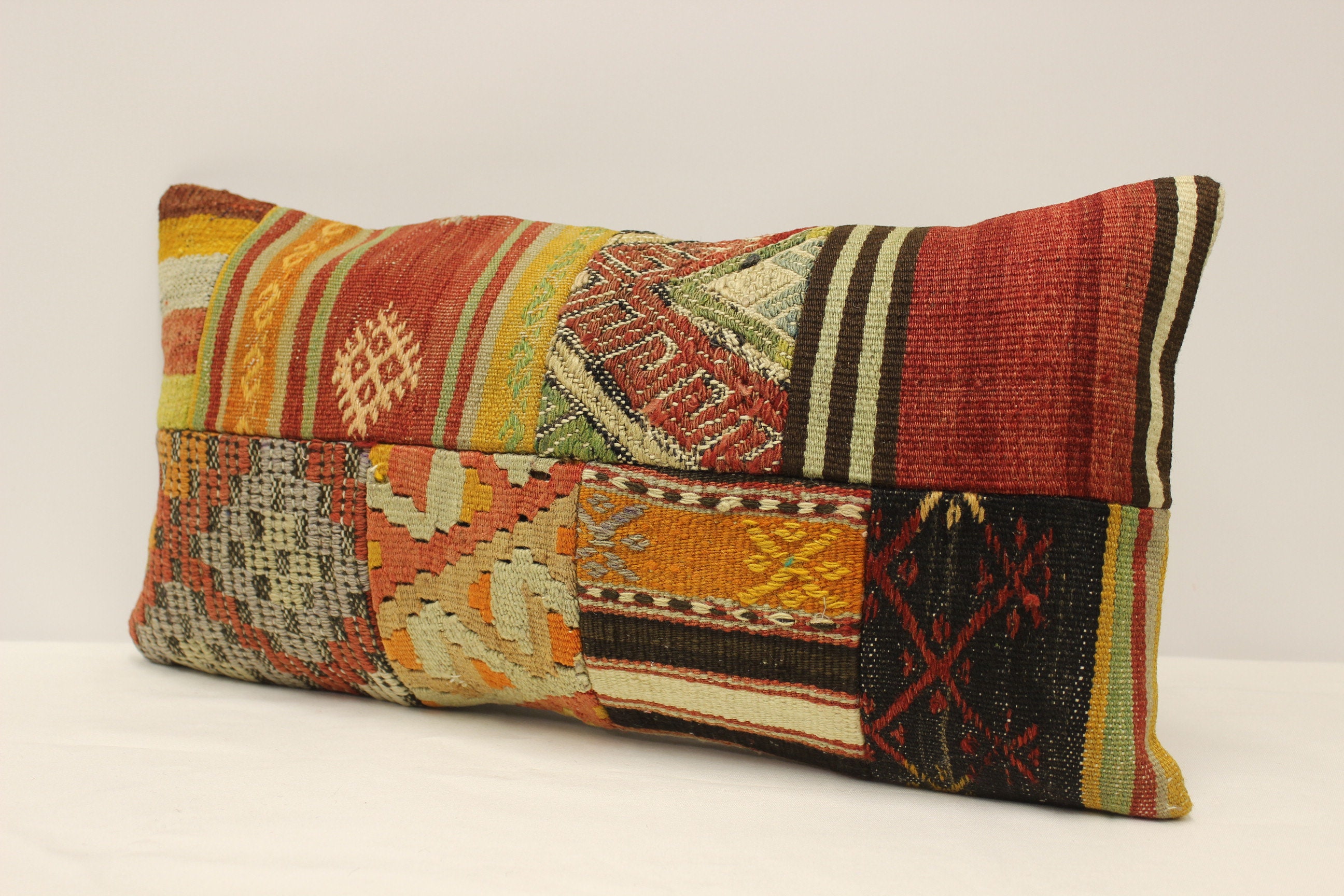 イエロー トルコ キリム 枕 12 x 24 インチ 30 x 60 cm パッチワーク