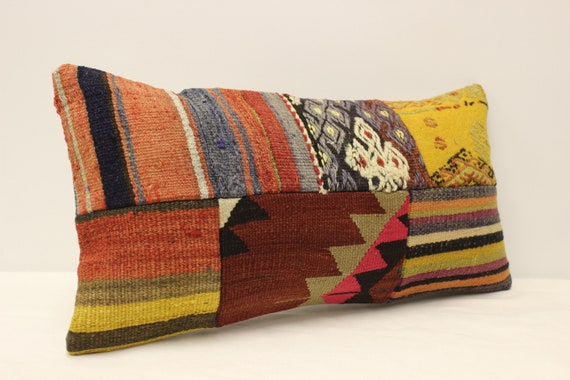 パッチワーク ランバーピロー、12x24 (30 x 60 cm) トルコキリム 