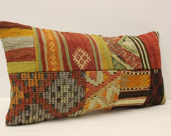 イエロー トルコ キリム 枕 12 x 24 インチ 30 x 60 cm パッチワーク