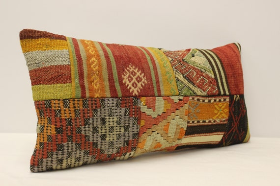 イエロー トルコ キリム 枕 12 x 24 インチ 30 x 60 cm パッチワーク