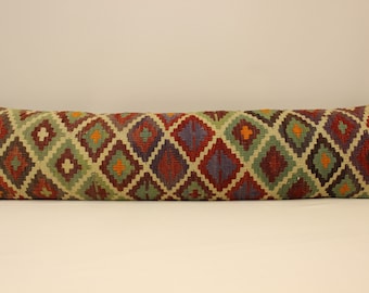 Handmade King Size Kilim Pillow Cover, 12x47 inches 30x120 cm Lumbar Flaming Bedding Pillow, Vintage Kilim Cushion, 4oyf-521