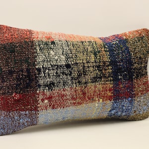 Handwoven Kilim Pillow Cover,Bohemian Kilim Pillow,Traditional Vintage Pillow Cover,Rust Lumbar Pillow,12x20 Turkish Lumbar Pillow 4oef-1294