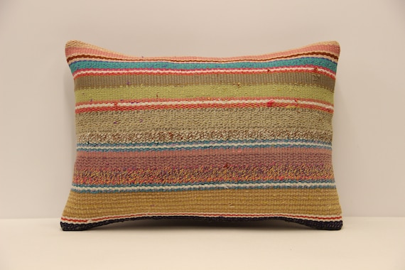Gestreiftes Lumbar Kelim Kissen, 35x50 cm, Boho Kissenbezug, Bezug Tribal Kissen, Grün, Gelb, 4bef-723