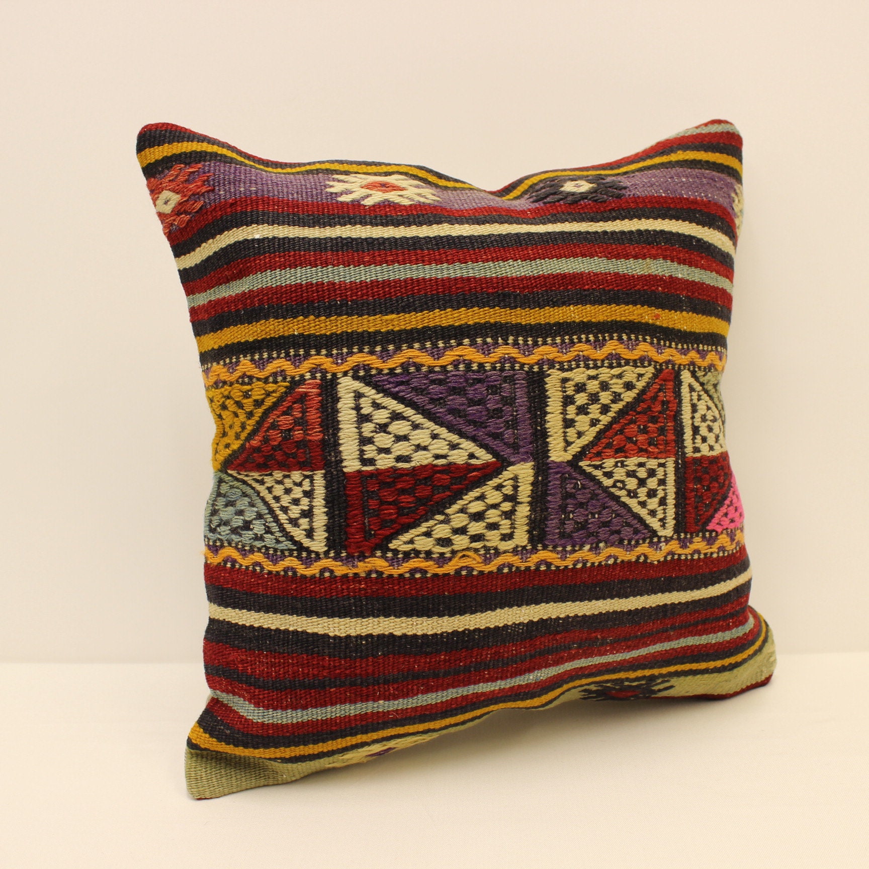ヴィンテージトルコキリム枕カバー：素朴なウールクッション（18 x 18