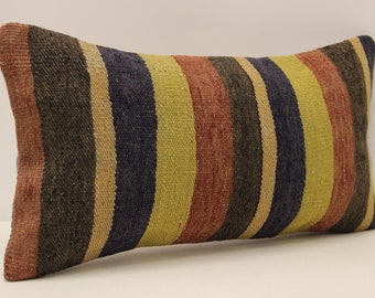 Vintage Kilim Pillow Cover 10x20, Turkish Wool Cushion
