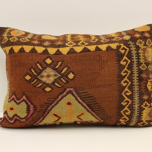 Fodera geometrica per cuscino, 16x24 in 40x60 cm Lombare Marrone, Verde, Fiammeggiante, Cuscino da letto Vintage Kilim Cuscino, Divano cuscino, 4kaf-1084