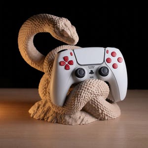 Könnte beinhalten: Ein beigefarbener, schlangenförmiger Gaming-Controller-Ständer, der einen weiß-roten Controller hält. Der Ständer hat eine strukturierte Oberfläche, und der Controller verfügt über rote Tasten und schwarze Steuerknüppel. Der Hintergrund ist dunkel.