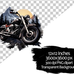 May include: A black and chrome motorcycle with a red seat, riding through a mountain landscape with a sunset in the background. The motorcycle is surrounded by trees and a mountain peak. The image is 12x12 inches, 3600x3600 pixels, 300 dpi PNG clipart with a transparent background.