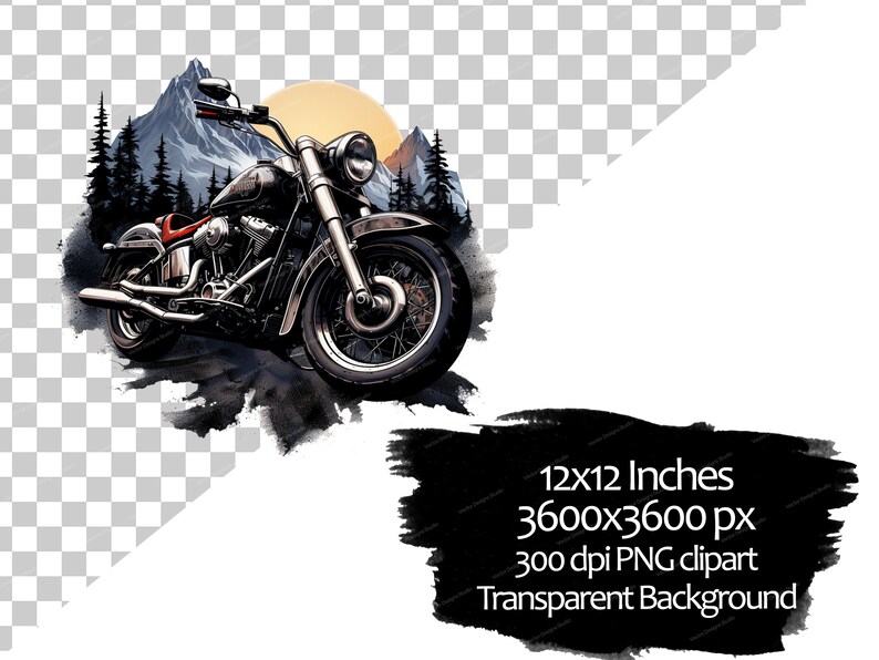 May include: A black and chrome motorcycle with a red seat, riding through a mountain landscape with a sunset in the background. The motorcycle is surrounded by trees and a mountain peak. The image is 12x12 inches, 3600x3600 pixels, 300 dpi PNG clipart with a transparent background.