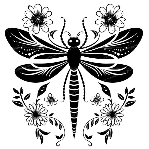 Dragonfly with Flowers Svg & PNG Files, floral dragonfly Silhouette Clipart, Vector Images, SVG For T shirt Design, Transparent Background