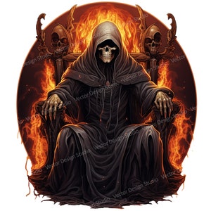 Grim Reaper Png for Sublimation T shirt Design, Grim reaper on flaming throne clipart, Mug Sublimation designs