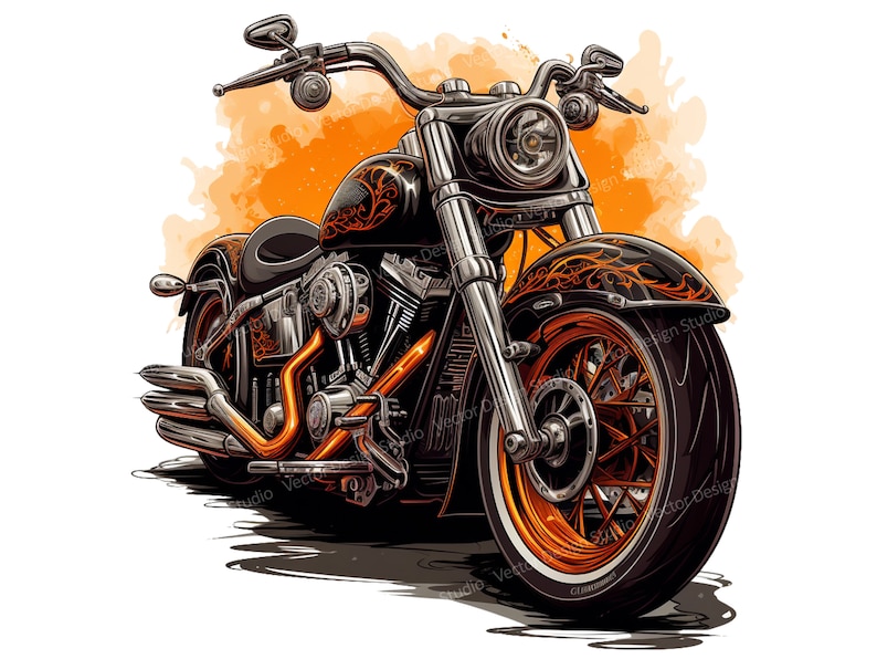 May include: Illustration of a black and orange motorcycle with chrome accents. The motorcycle features orange flames and detailing on the fenders and fuel tank. The wheels have orange spokes and black tires. The background has an orange watercolor effect.