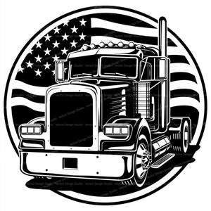 Semi Truck with American Flag Svg & PNG File Graphic, Semi Rig Truck Vector Clipart, 18 wheeler SVG, Trucker Logo Design, Big Rig Freight