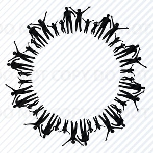 Puede incluir: Silueta negra de un gran grupo de personas de pie en un círculo con los brazos levantados, formando un marco.