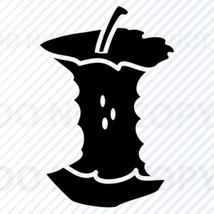 May include: A black silhouette of a bitten apple core with a stem and leaf. The apple core is missing a large bite from the side.