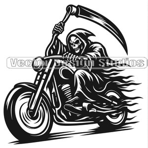 Sensenmann Reiten Motorrad-Svg & PNG-Dateien, Skelett Schädel Biker Clipart Silhouette Vektor Bild, SVG-T-Shirt-Design, digitaler Download