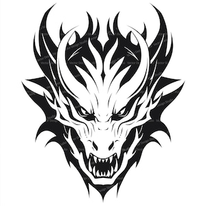 以下が含まれることがあります： 黒と白のドラゴンヘッドのイラスト。獰猛な表情で、炎に囲まれている。