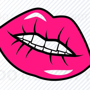 以下が含まれることがあります： 白い輪郭のある明るいピンクの唇のクローズアップ。唇はわずかに開いており、白い歯の列が見えています。