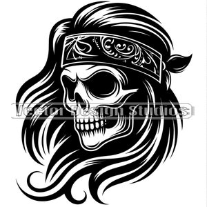Skull Svg & PNG Files, Skull Bandana Clipart Vector Image, Long hair Skeleton Head SVG shirt Design, Biker Rock n roll skull Svg
