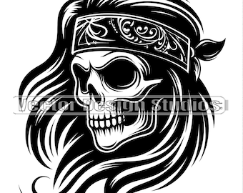 Skull Bandana SVG, Long Hair Skeleton Head Clipart (PNG, Vector)