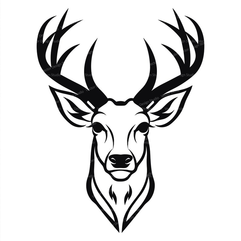 May include: Black and white line art illustration of a deer head with large antlers.