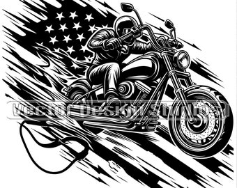 May include: Black and white illustration of a motorcyclist speeding past an American flag. The rider is wearing a helmet and leather jacket. The motorcycle has a large front wheel and a powerful engine.