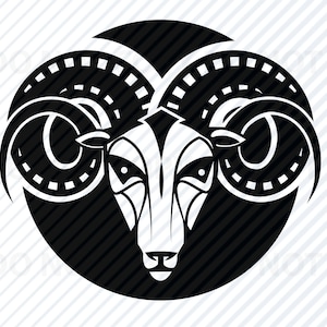 May include: Black and white illustration of a ram's head with large, curled horns. The ram's head is centered in a black circle.