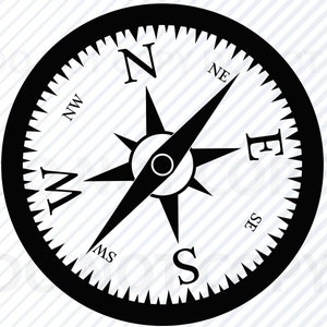 May include: A black and white compass with a black needle pointing north. The compass has the cardinal directions labeled: N, NE, E, SE, S, SW, W, NW.
