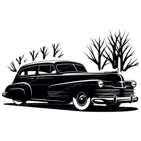 Hearse Car Svg & Png File Graphic, Old Car Illustration Scene, Mortician Silhouette Vector Image clipart