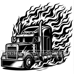 Flaming Semi Truck Svg & PNG File Graphic, Semi Cab Truck Vector Clipart, 18 wheeler SVG T shirt Design, Big Rig Freight Truck Driver PNG